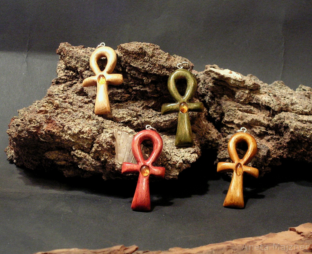 ANKH hand carved wooden cross with natural amber