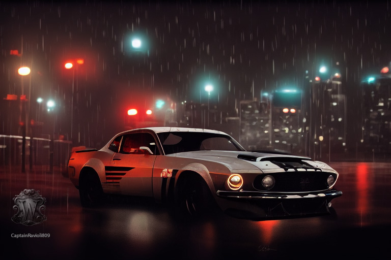 AI Generated Mustang Boss 429 Night Time Raining