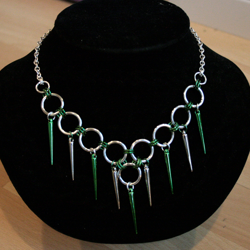 Silver and Green Spikes choker