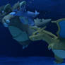 Charizard and Mega Kangaskhan underwater