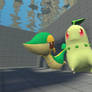 Snivy and Chikorita swimming underwater