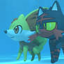 Fennekin and Litten underwater