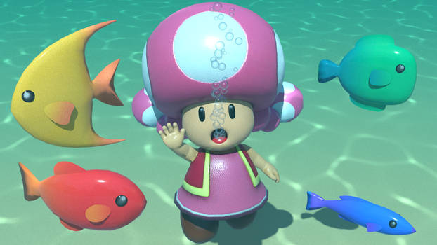 Toadette underwater with the fishes