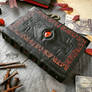 Black necronomicon with red runes