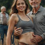 Old man touching womans tummy at farm