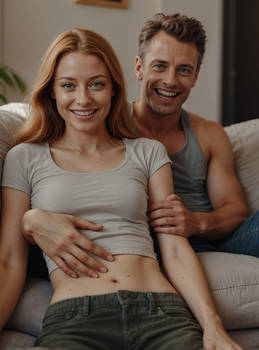 Man touching womans tummy on couch