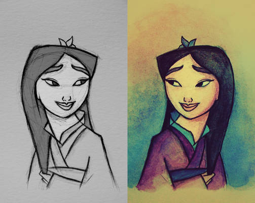 Mulan (Pencil Sketch vs. Watercolour)