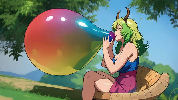 Lucoa blowing a large rainbow balloon