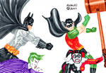 Batman and Robin vs. Harley Quinn and The Joker by ArtSpillGalaxy