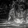 Godzilla rising from the sea to punish humanity