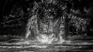 Godzilla rising from the sea to punish humanity