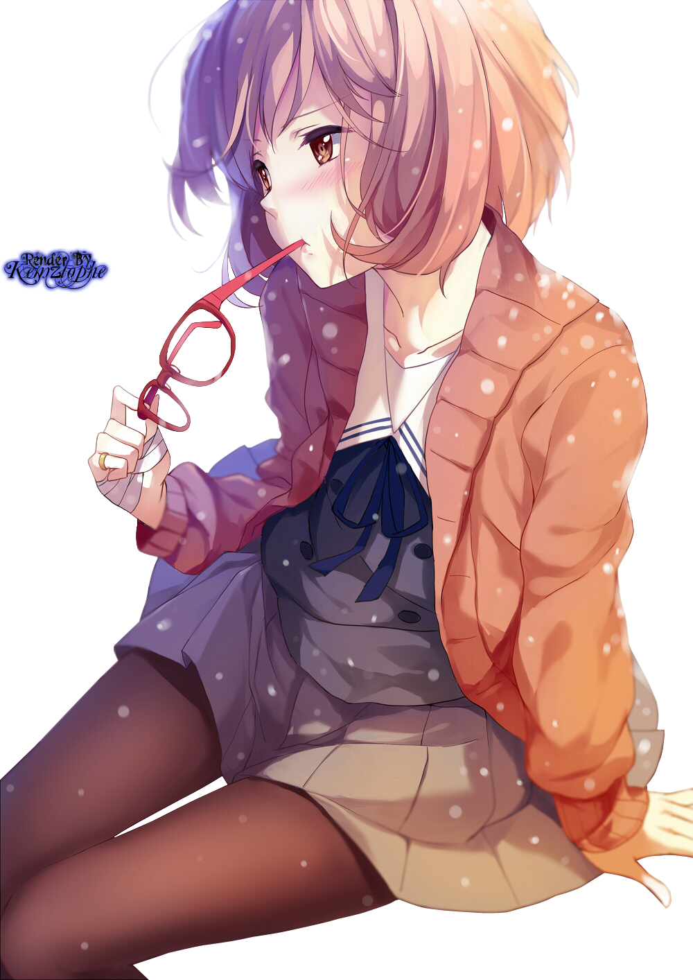 short hair, women with glasses, Kyoukai no Kanata, anime girls, Kuriyama  Mirai, fan art, 2D, cherry trees, CGI, brown eyes, cherry blossom