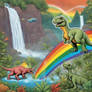 Dinosaurs playing in weed with a waterfall in the 