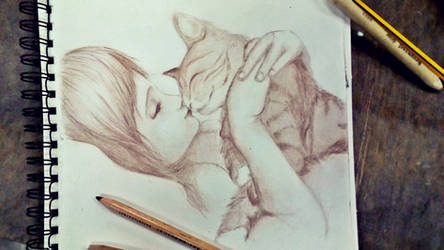 girl with cat sepia characoal