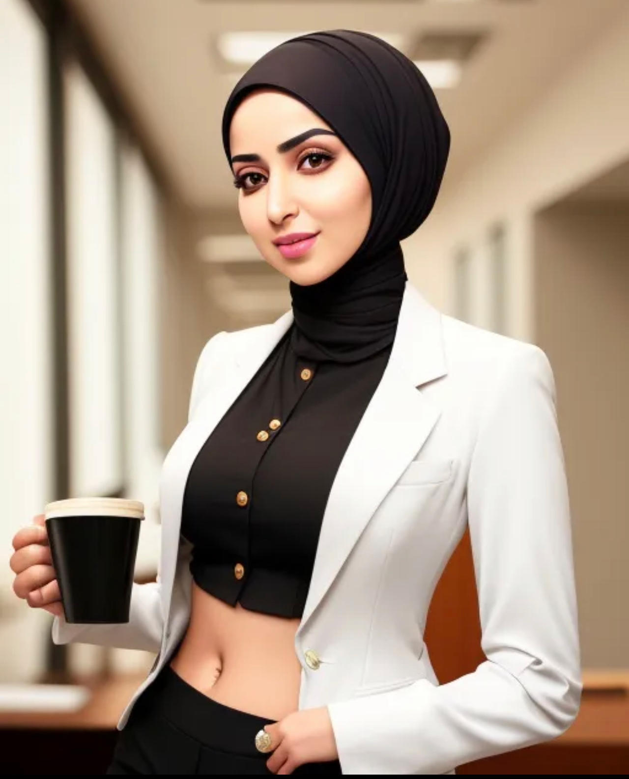 Office Hijabi in crop top with a cup of coffee by Sirvol on DeviantArt