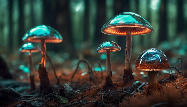 Glass mushrooms in rusted forest