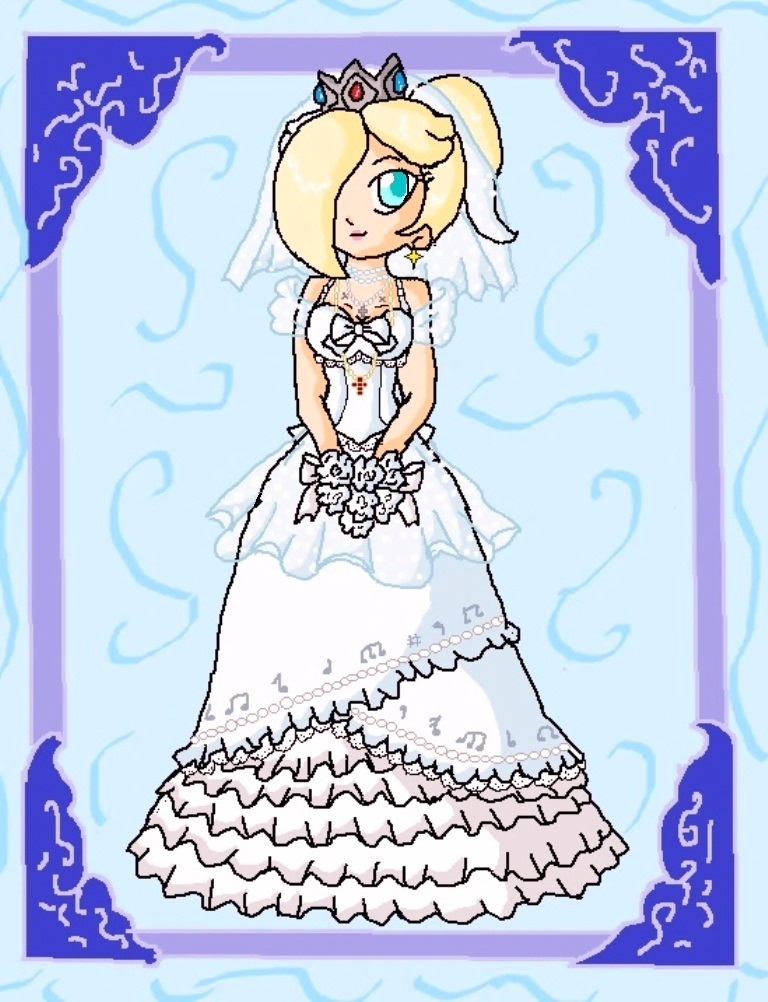 princess rosalina wedding dress Princess Rosalina in a glittery white wedding dress and tiara, standing in a realistic cherry blossom grove. on Craiyon