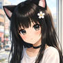 Shy Black Catgirl on a Sunny City Balcony