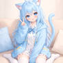 Cute Blue Catgirl Peace Sign on Cozy Sofa