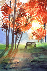 Bench in front of the fire of autumn