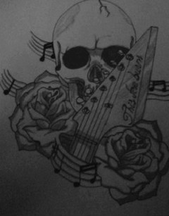 skull,guitar handle, music notes and roses