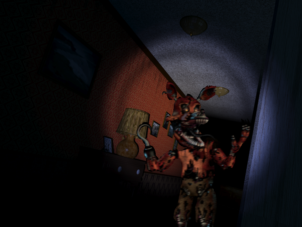 Withered foxy running down a dark hallway