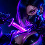 Futuristic warrior in neon glow