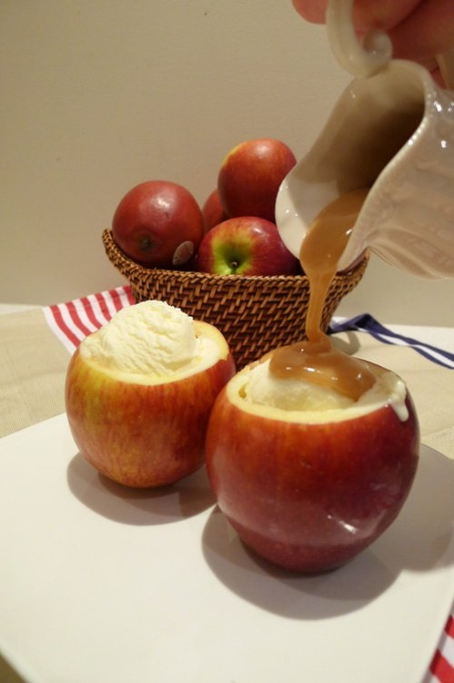 Vanilla Ice Cream in Apple Cups and Caramel Sauce