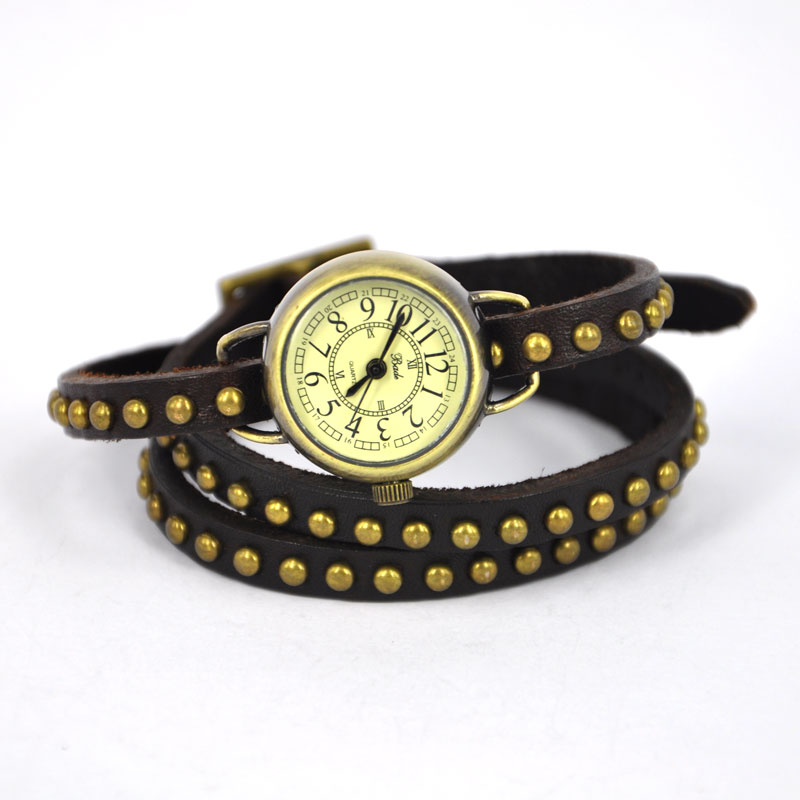 Dark Brown Cabochon Embellished Wraparound Watch