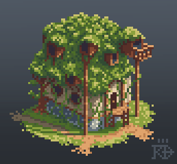 Isometric pixel art overgrown house