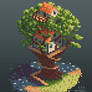 Isometric pixel art treehouse by the water