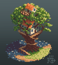 Isometric pixel art treehouse by the water