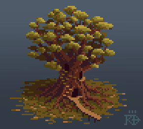 Isometric pixel art inhabited tree in the marshes