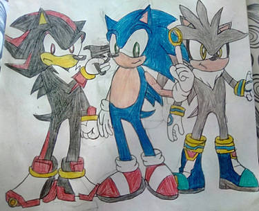 sonic the hedgehog, shadow the hedgehog, and silver the hedgehog (sonic)  drawn by deya_(tiolimond)