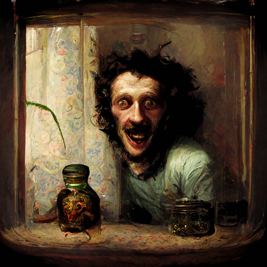 Crazed man with a snake's head in a jar by VisionsOfDoom on DeviantArt