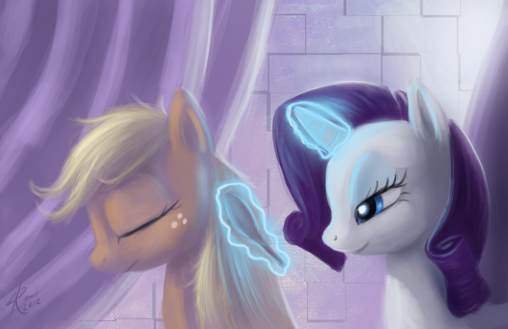 Rarity combing Applejack's mane