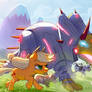 Applejack herding the cows with Slug