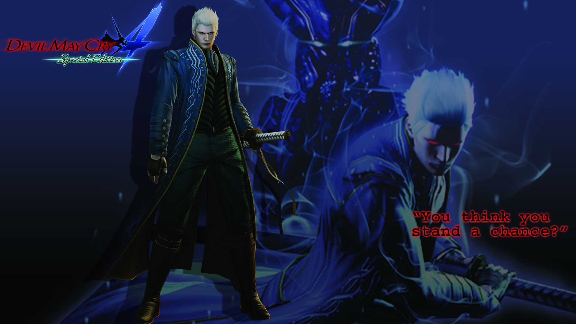 Portrait of vergil from devil may cry 5 with a haunting blue background