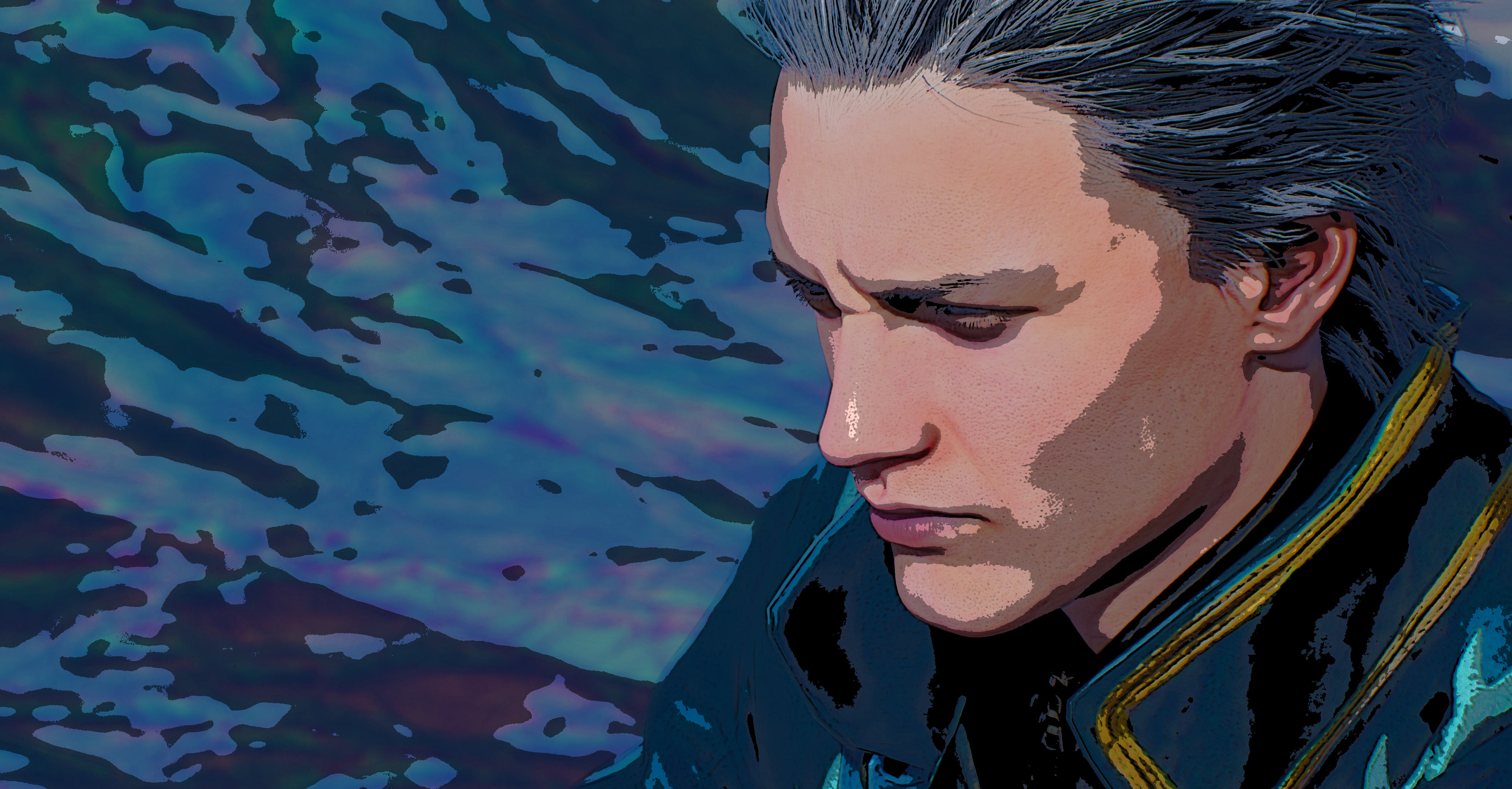 Portrait of vergil from devil may cry 5 with a haunting blue background
