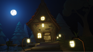Stylized fantasy cottage at night