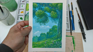 Ghibli inspiration landscape - Gouache painting