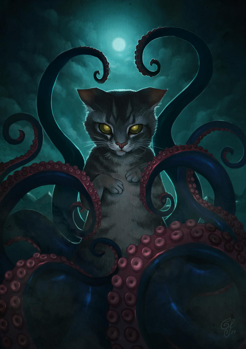 A drawing of a cat with tentacles instead of back legs