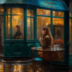 A Parisian Cafe in the city in a rainstorm.
