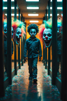 A young boy strolls through a hall of mirrors