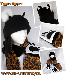 Tiger Kitty Cat Hat with Scarf and Paw Mittens