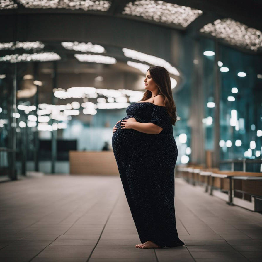 Very tall fat pregnant woman in small clothes