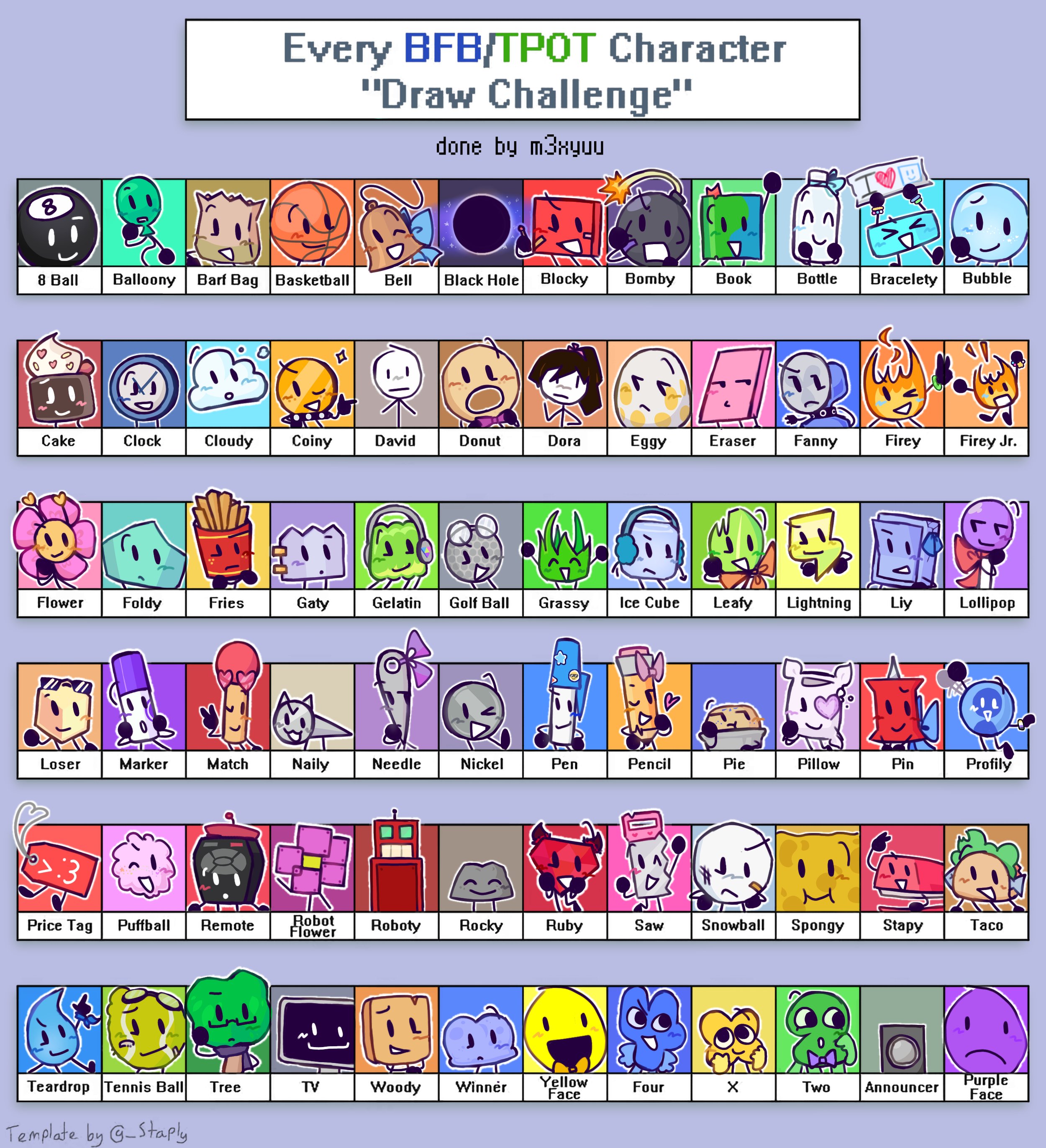 Bfb Hand Draw Every BFB TPOT Character Draw Challenge by Cutechip5 on DeviantArt
