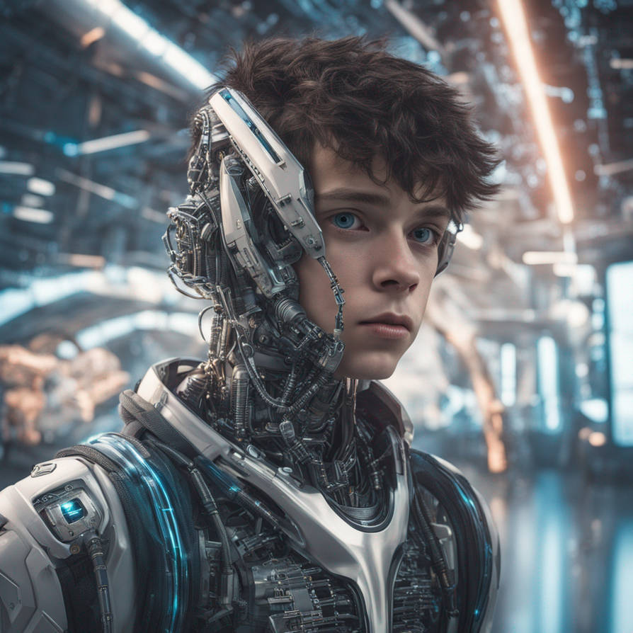 Portrait of a cybernetic boy in a futuristic world