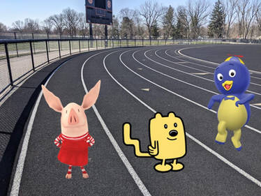 Olivia, Wubbzy and Pablo on a track field