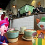 Peaches and Mr. Tickle at a coffee place
